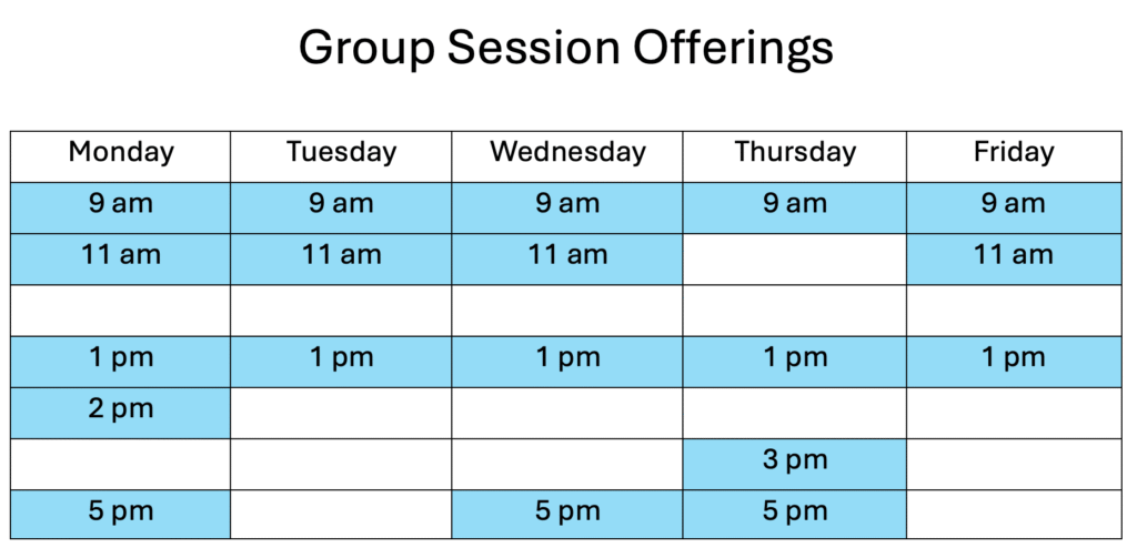 Group sessions weekly schedule