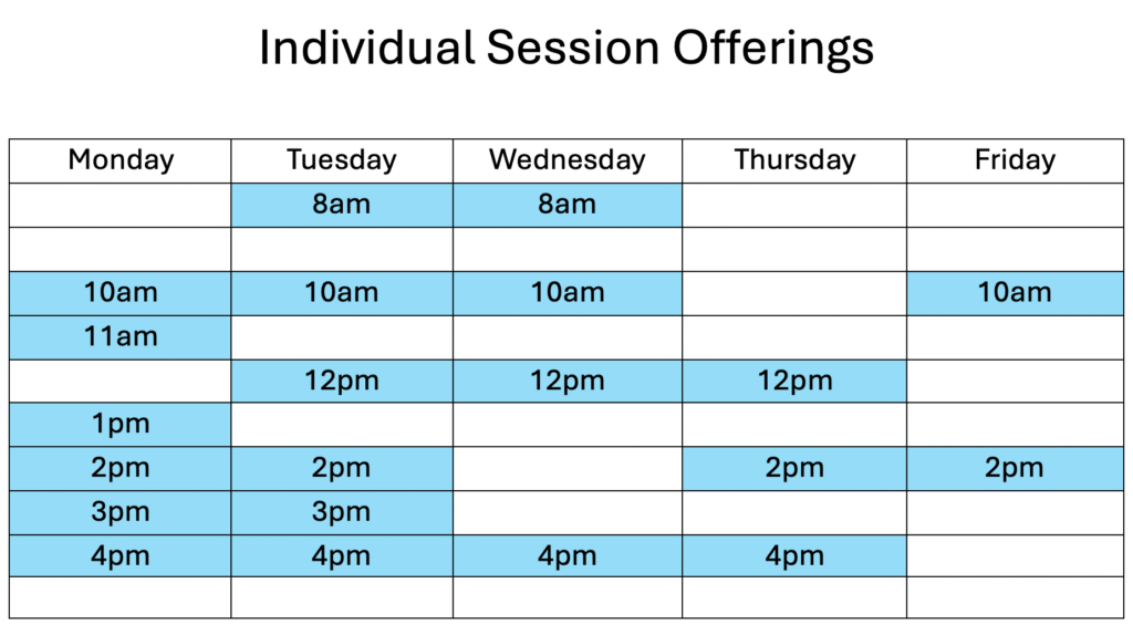 Individual sessions weekly schedule